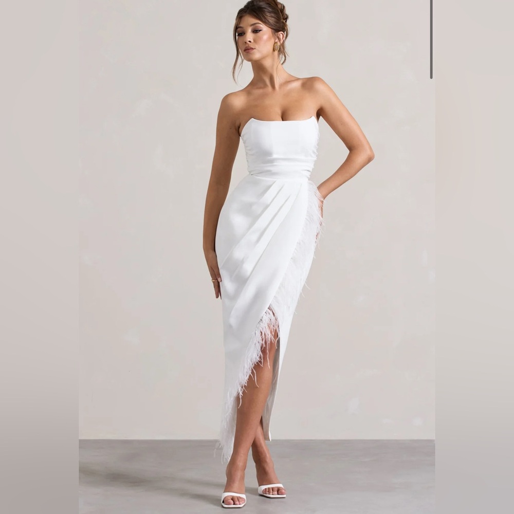 Club L London White Strapless Feather Trim Midi Dress